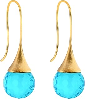 Aquamarine Austrian Crystal Teardrop Dangle Earwire Earrings for Women, Hexagon Cut Sparkly Blue Crystal Balls, 18k Gold Plated Ear Wires