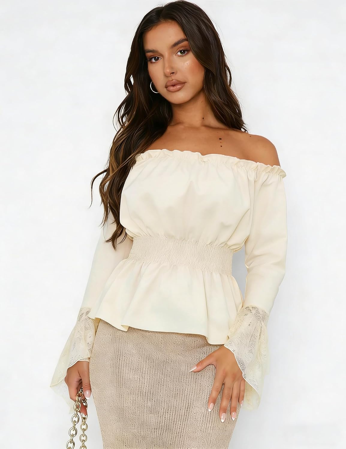 Renaissance Top for Women Off Shoulder Pirate Shirt Lace Bell Sleeve Peasant Blouse Medieval Ren Faire Gothic Tops