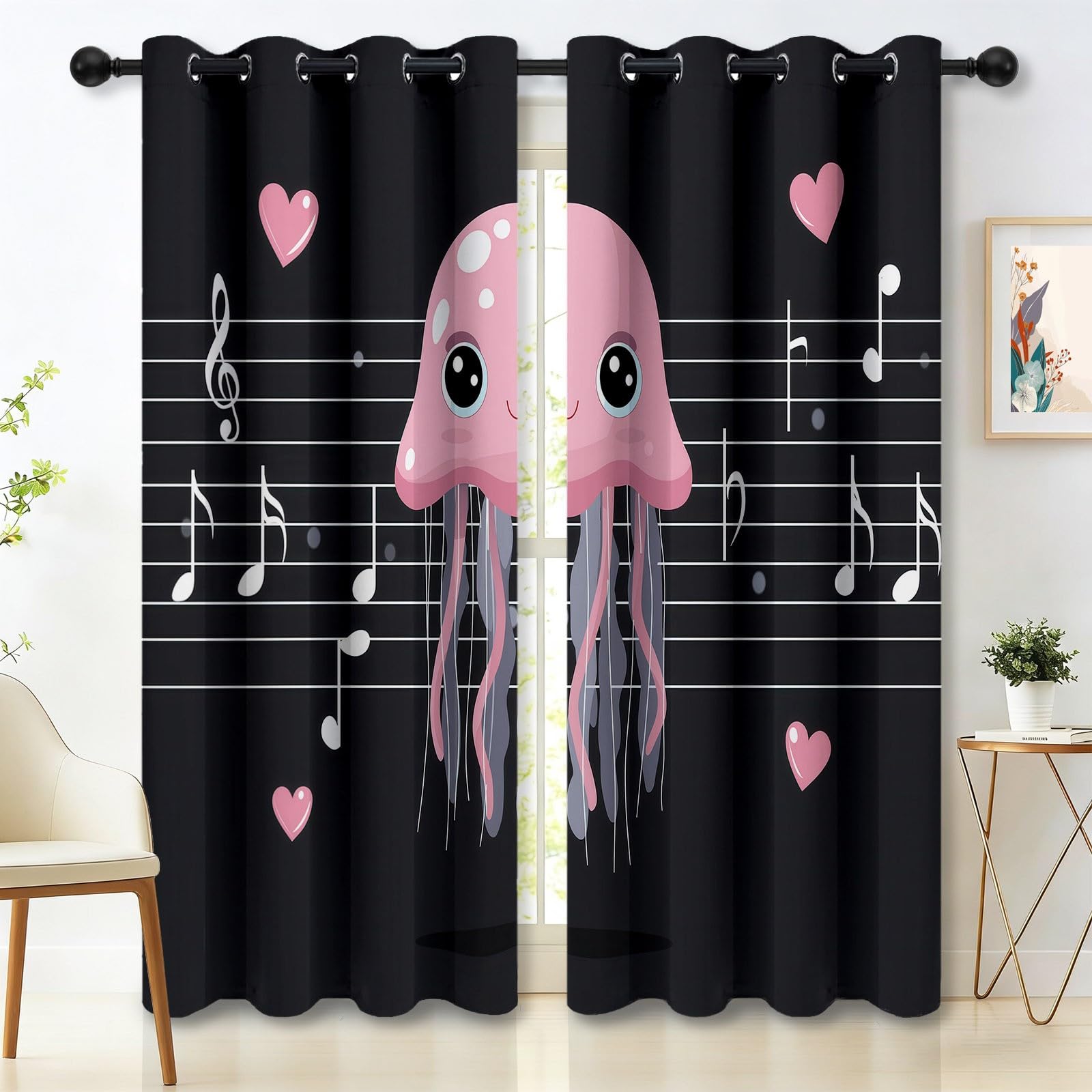Generisch Cartoon Tiere Verdunkelungsvorhang, Qualle Notenlinien Herz Noten Bedruckter Wärmeisoliert Vorhänge mit Ösen, Schwarz Vorhang für Schlafzimmer Wohnzimmer, H215 x B110 cm x 2 Vorhänge