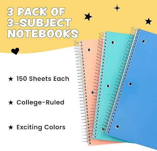 Miniatura 2 de Yoobi Essentials Bundle  Cuadernos y lápices de composición con rayas universitarias, paquete de 3 materias, 150 páginas, cuadernos perforados de 3