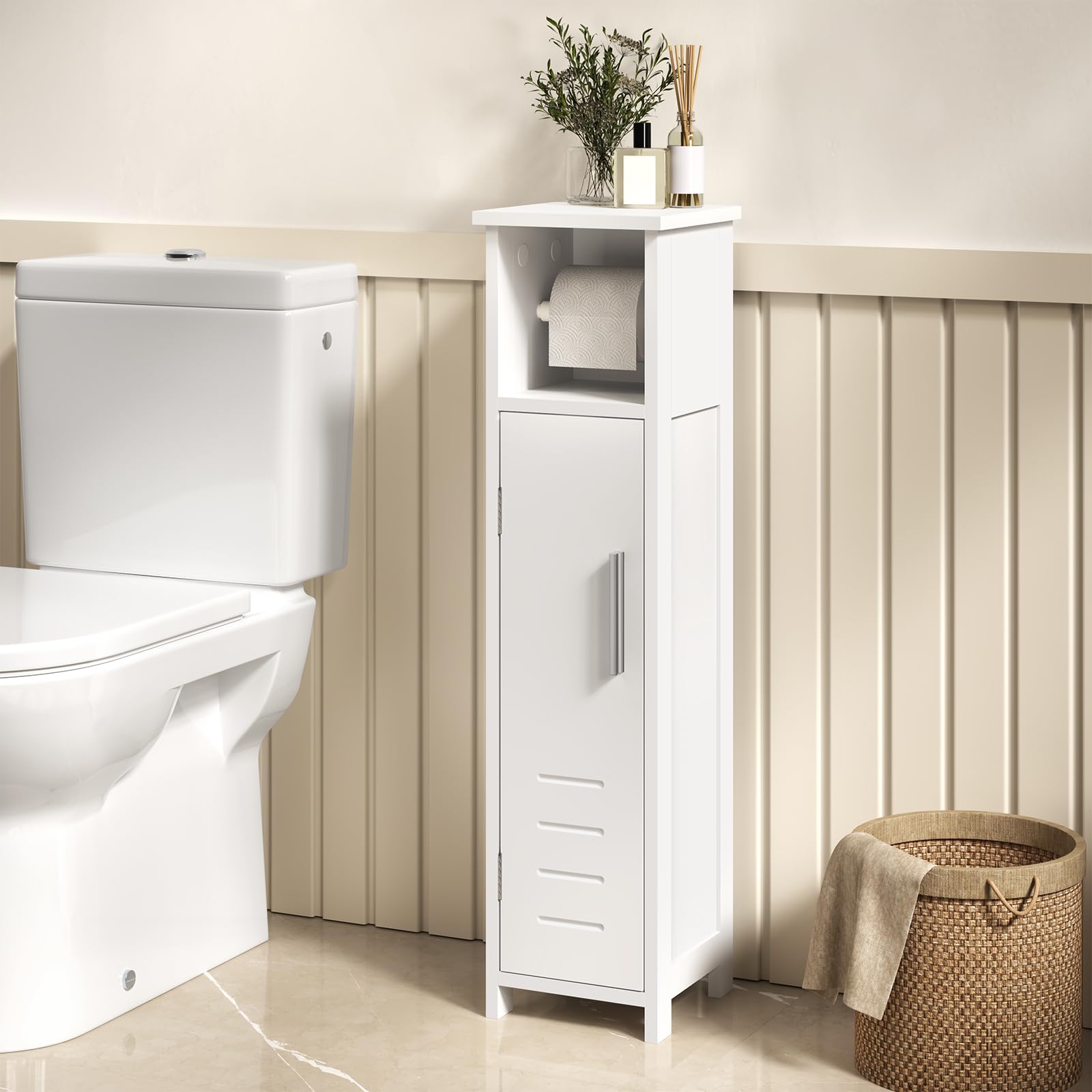 EUGAD Meuble de Salle de Bain, Petit Meuble de Rangement de Salle de Bains, Armoire Étroit pour Papier Toilette, Gain de Place, pour Petits Espaces, 18 × 18 × 71 cm, Blanc 0229WY