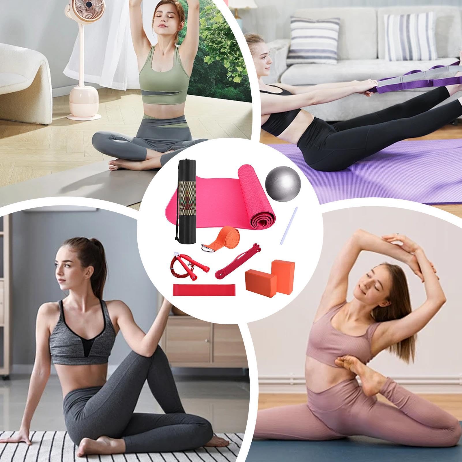 Yoga-Kit, Trainingsmatte, komplette Fitnessausrüstung mit Yoga-Blocks, Non-Slip Cushioned Design, Widerstandsband, Stretching Band für Zuhause, Gym Workouts, 183 x 61 x 7 cm