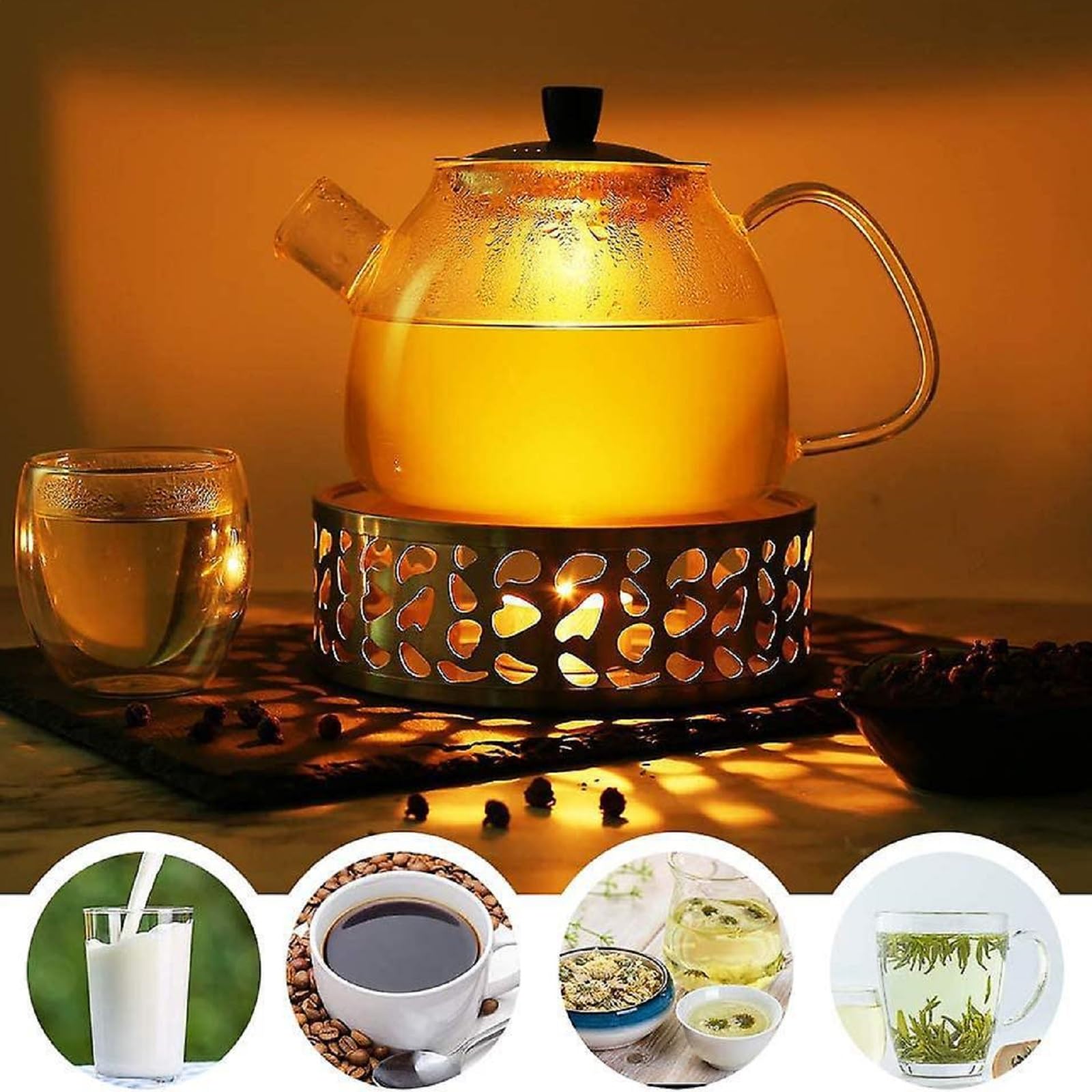 Scaldatè In Acciaio Inox Nero | Con Portacandele Per Teiera | Lumino Per Tenere Caldo Tè E Caffè