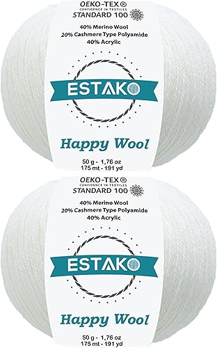 Estako Happy Wool (paquete de 2 madejas) 40% lana merino 20% cachemira tipo poliamida 40% acrílico peso fingering hilo suave para tejer y crochet (2