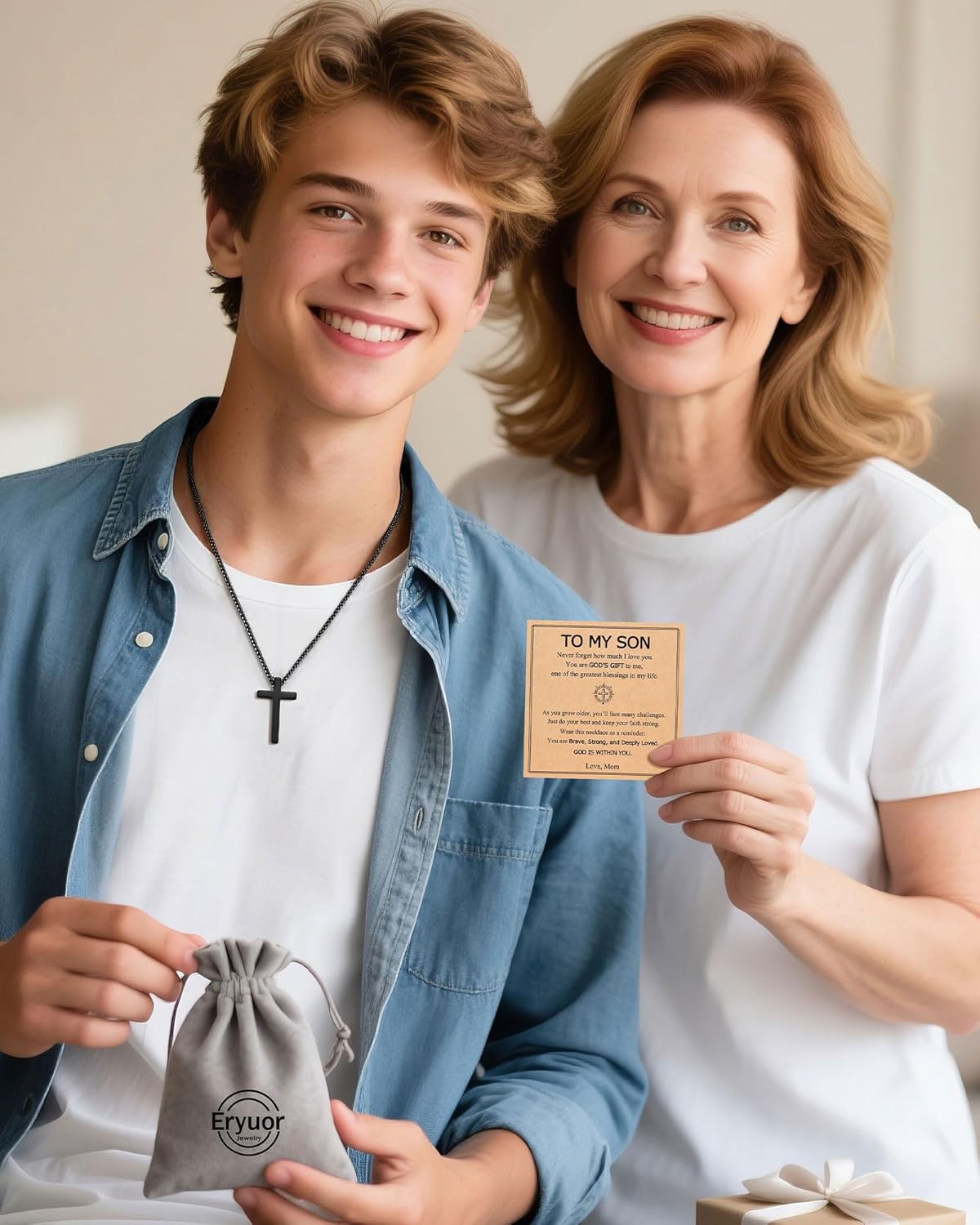 Faith, Love & Strength - Stainless Steel Cross Necklace for Son Grandson Teen Boys Christian Christmas Birthday Gifts - Image 3