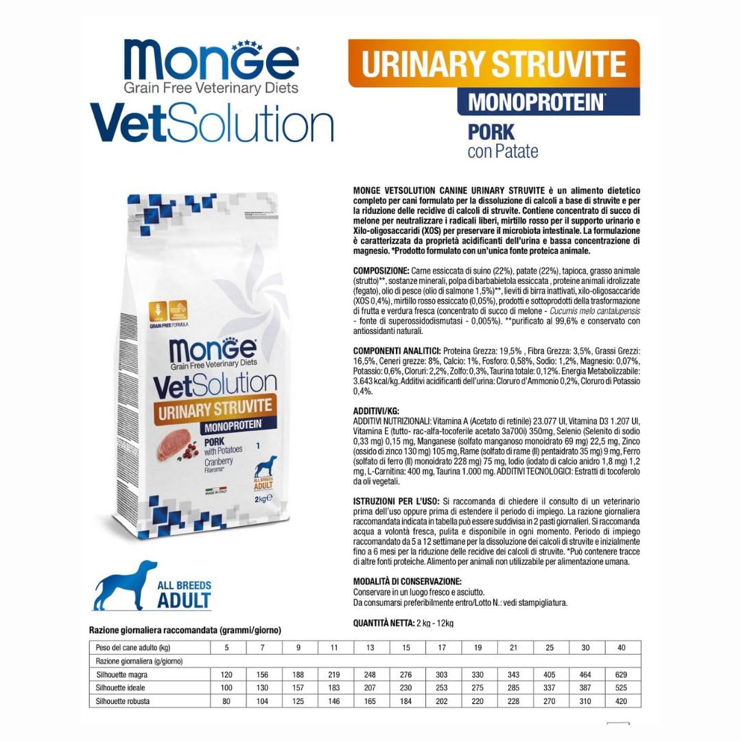 Monge Vetsolution Urinary Cane All Breeds 12 kg, kompletna karma dla psów wszystkich rozmiarów, do rozpuszczania kamieni struwitowych, 12 kg