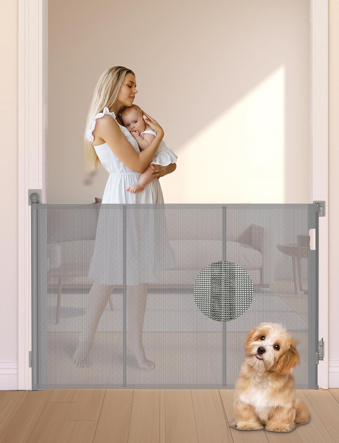 Reinforced Retractable Baby Gate, 2 Ways to Install, Extends up to 63" Wide, 35.2" Tall, No Drilling Mesh Baby Gate for Stairs, Dog Gate, Child Pet Gate for Doorways, Stairs, Hallways, Indoor(Gray)