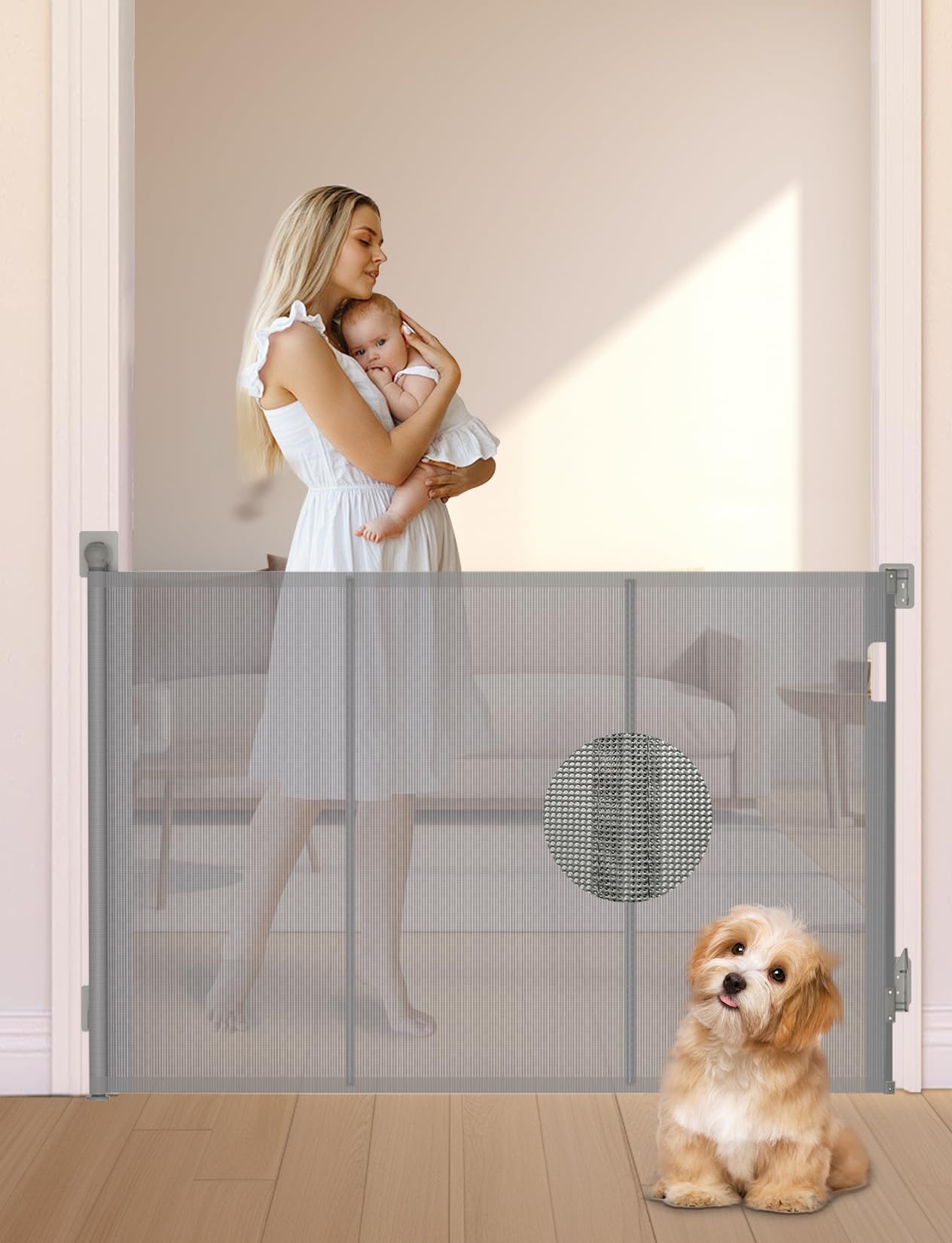reinforced retractable baby gate, 2 ways to install, extends up to 63" wide, 35.2" tall, no drilling mesh baby gate for stairs, dog gate, child pet gate for doorways, stairs, hallways, indoor(gray)