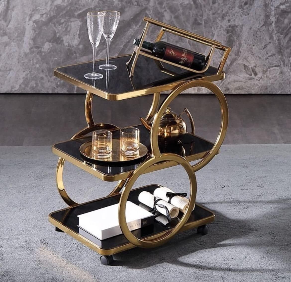 Bar Trolley for Home with Wheels and Handle | 3 Tier Restaurant Mobile Cart for Serving Food | Kitchen Trolley Organizer with Gold Finish-picture-18