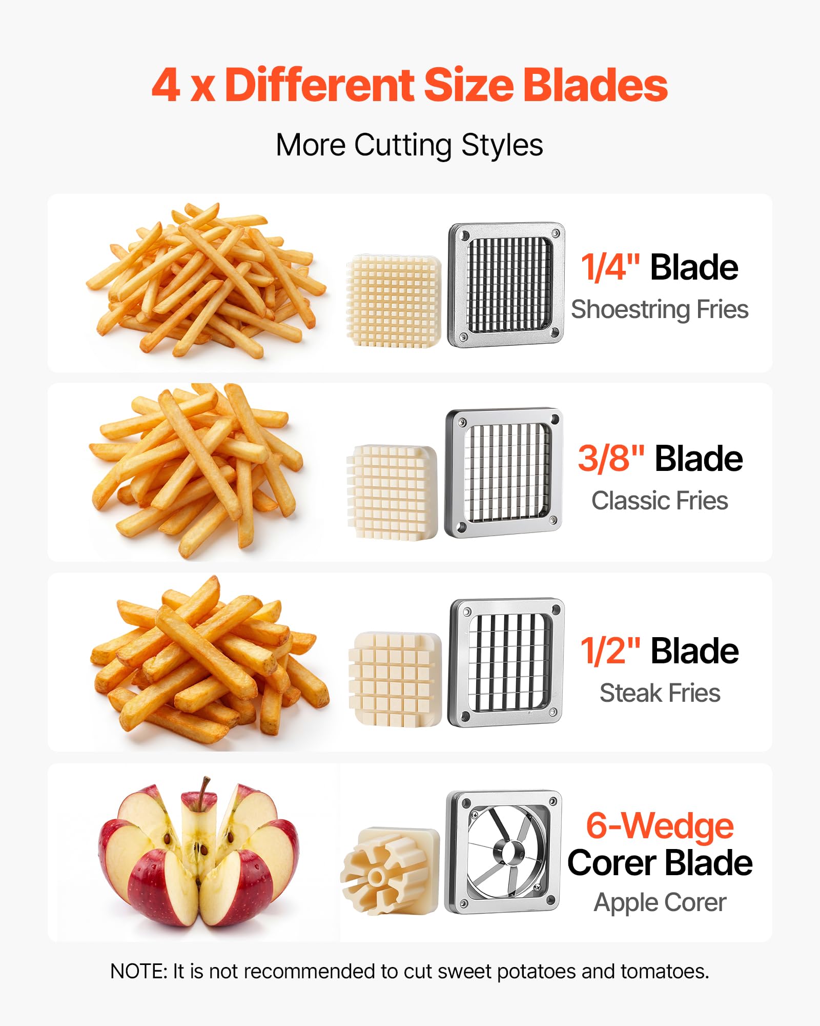VEVOR Coupe Frites Manuel Professionnel, 4 Couteaux de Rechange 13 mm / 9 mm / 6 mm, Vide-pomme 6 Quartiers en Inox