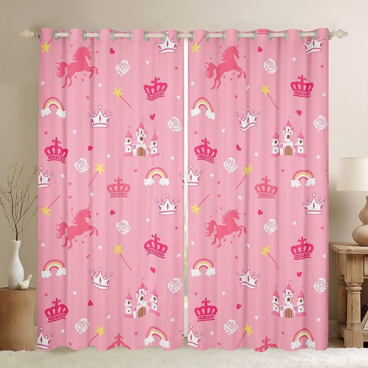 Manfei Pink Girls Curtains,Kids Adults Teens Room Decor Cute Princess Castle Crown Boys Girls Window Treatment Curtain,Rinbow Unicorn Fairy Tales Window Drapes,Top 2 Panel,42Wx84L