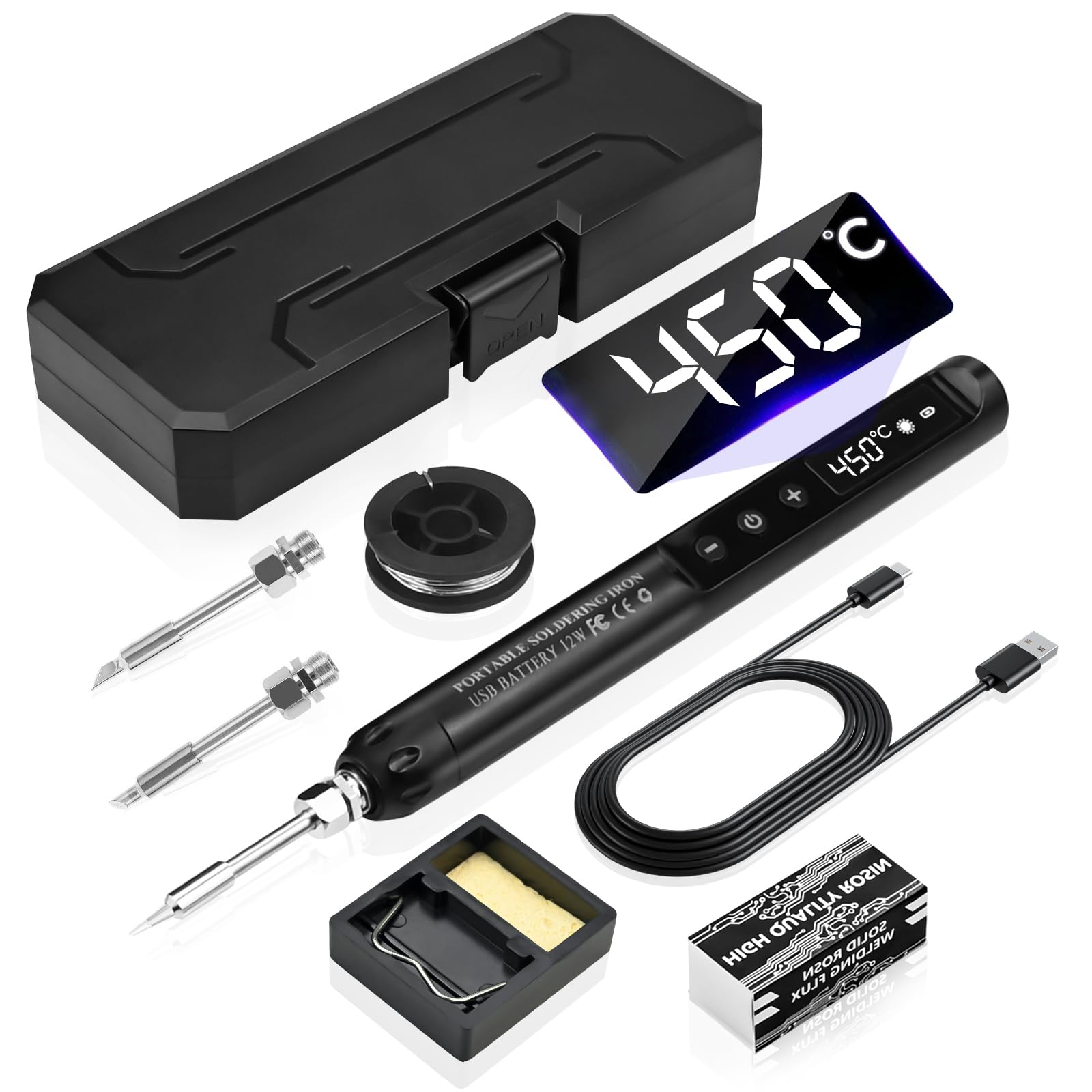 Cordless Soldering Iron Kit with LCD Display - Rechargeable USB C Soldering Iron with 3 Tips Adjustable Temperature 200°C - 450°C, Electric Portable Soldering Irons Pen Welding Kit (Black) — image 1
