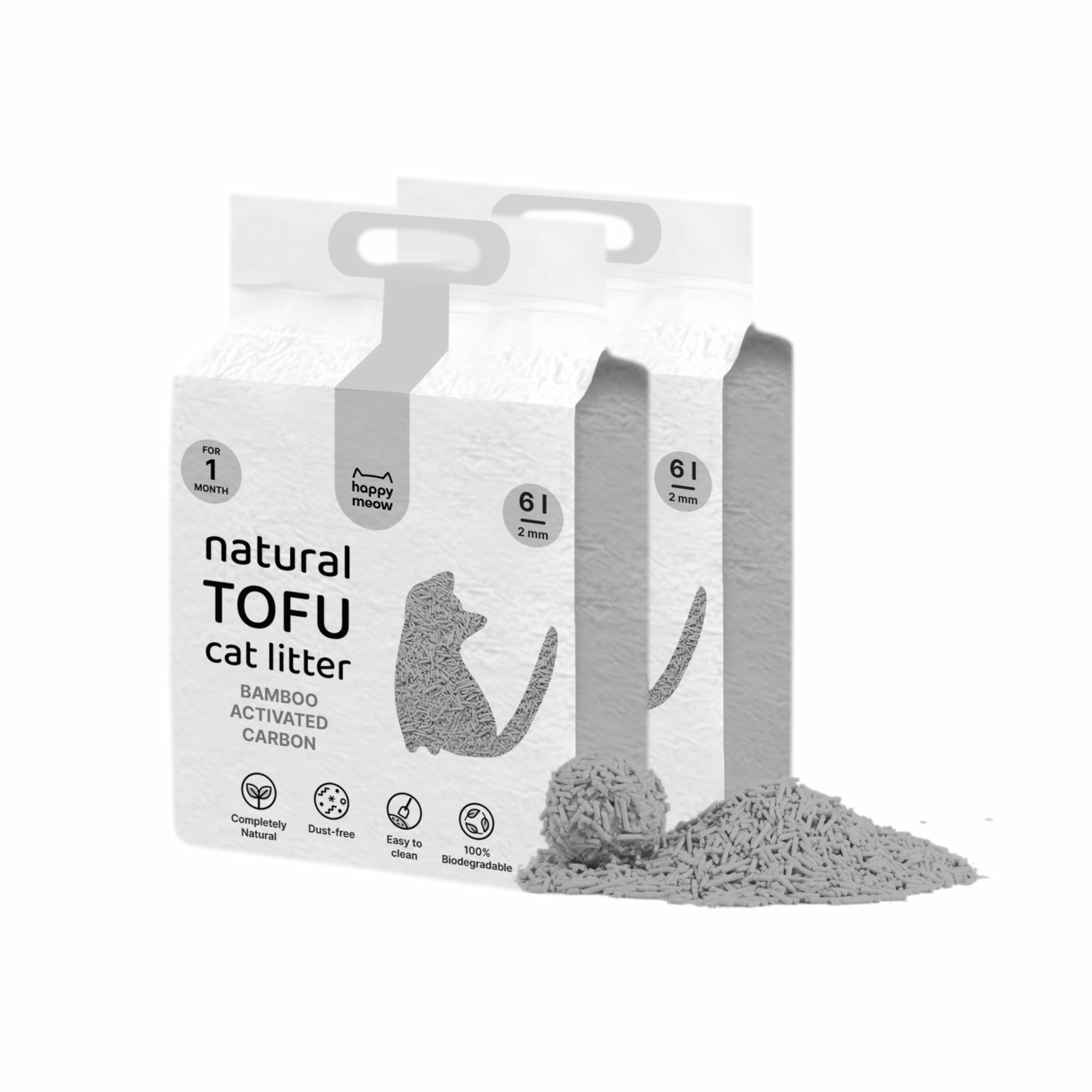 HAPPY MEOW Arena de Tofu para Gatos (12L/5Kg) Natural y Biodegradable - Aglomerante Instantáneo, Bajo en Polvo, Control de Olores Duradero, Ultra Absorbente, Desechable en el Inodoro-Carbón Activado