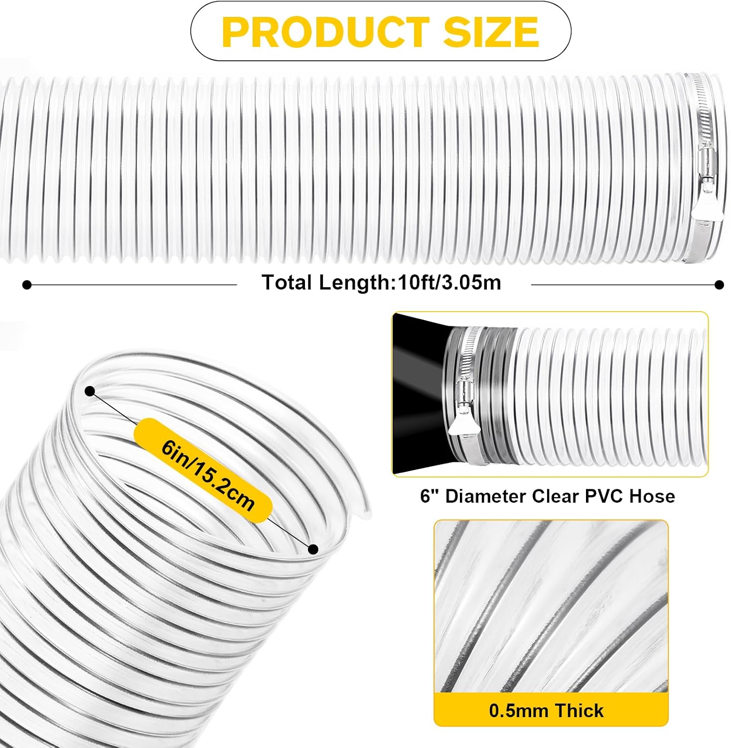 6"x10'Dust Collection Hose(Black Wire),6 Inch Dust Collection Tube with 304 Stainless Steel Hose Clamps,PVC 6 Collector Flexible Tube- Puncture Resistant