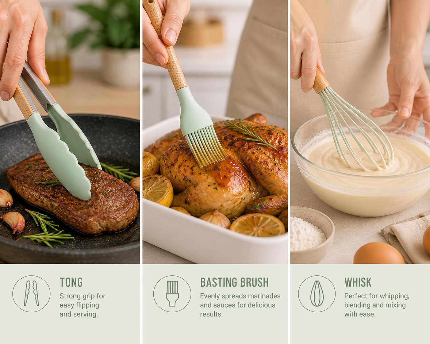 Caboh Silicone Kitchen Utensil Set 12 PCS – Heat Resistant Cooking Tools with Spatula, Serving Spoon, Tongs, Whisk & Holder, Nonstick Safe BPA-Free Kitchen Accessories Set (Light Green)