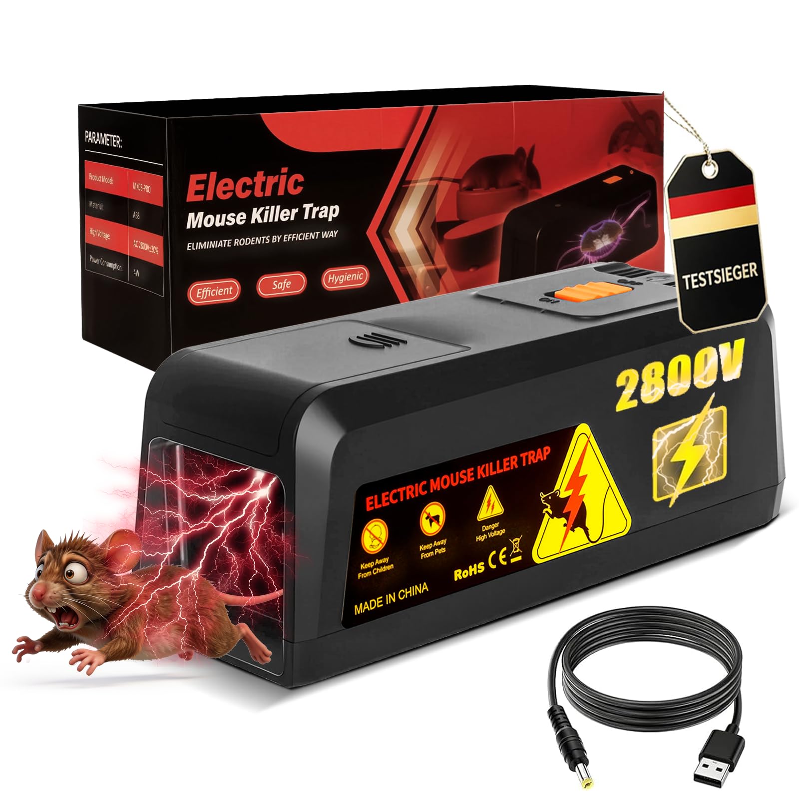 Elektrische Rattenfalle 2800V, Wiederverwendbare Mausefalle Elektrisch mit Großem Einlass, Sofortige und Schmerzlose Schädlingsbekämpfung, Hygienische Elektronische Schlagfalle für Mäuse und Ratten