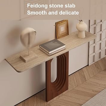 Modern Narrow Travertine Console Table with Rounded Corners Entry Way Table for Hallway, Behind Sofa, Corridor Easy to Assemble Home Decor(138 * 25 * 75cm)