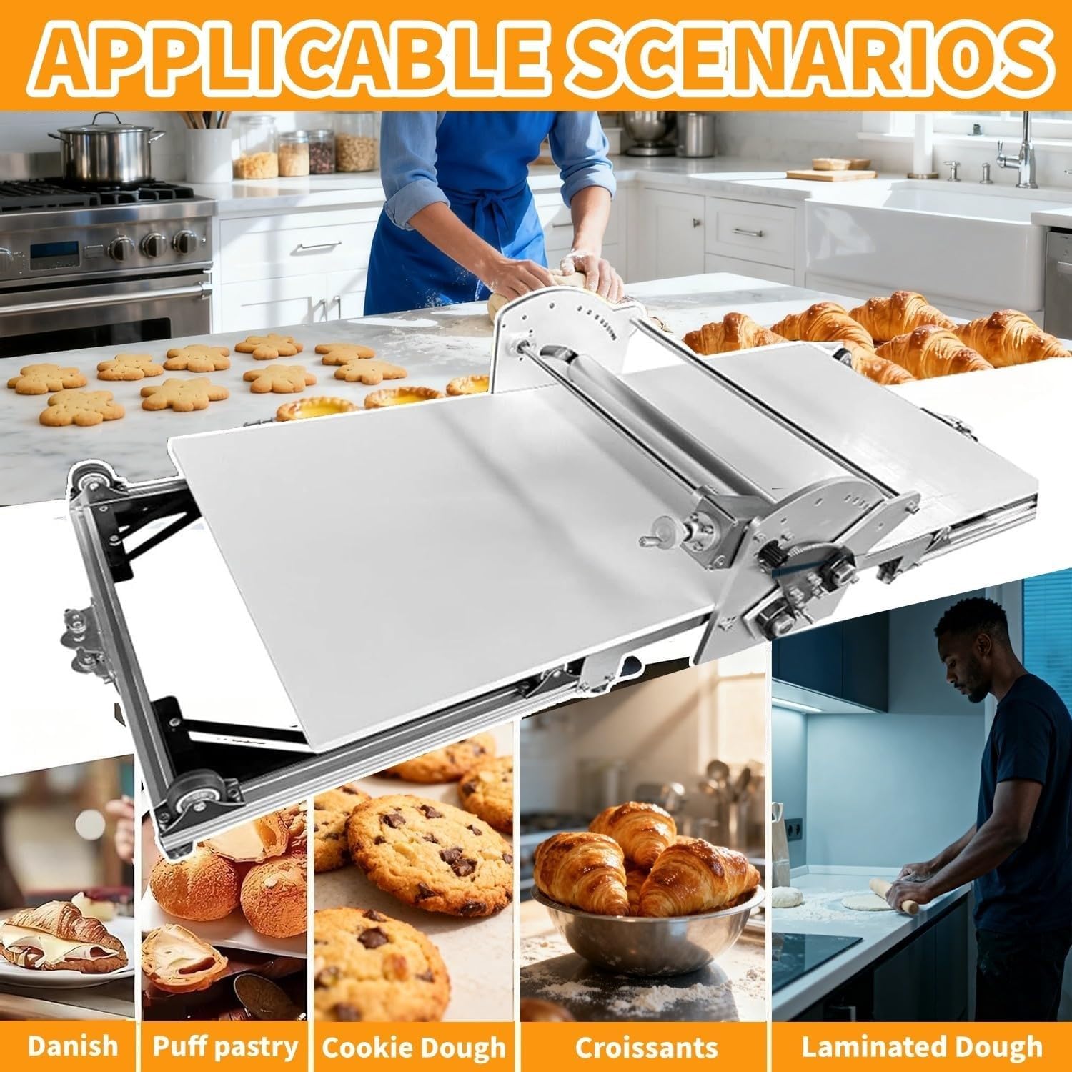 Machine à rouler la pâte électrique pliante avec planche à découper, laminoir à pâte électrique en acier inoxydable, machine à rouler avec épaisseur réglable