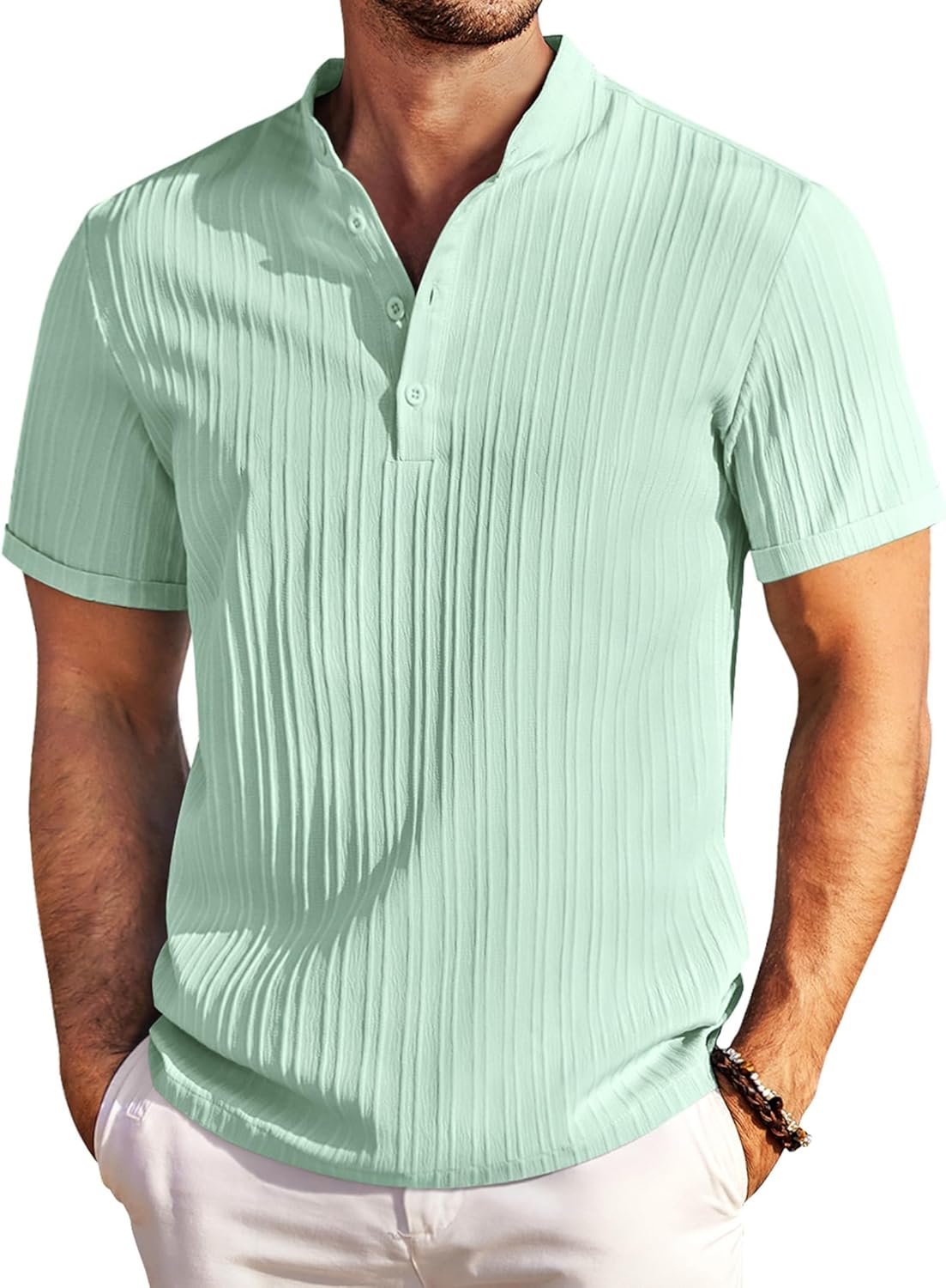 COOFANDY Men Casual Henley Tee Shirt Short Sleeve Band Collar Summer Beach Textured T-Shirt