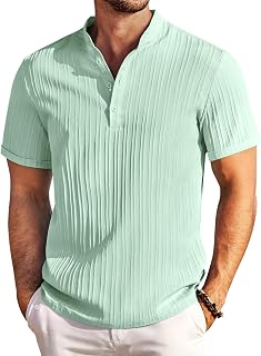 COOFANDY Men Casual Henley Tee Shirt Short Sleeve Band Collar Summer Beach Textured T-Shirt