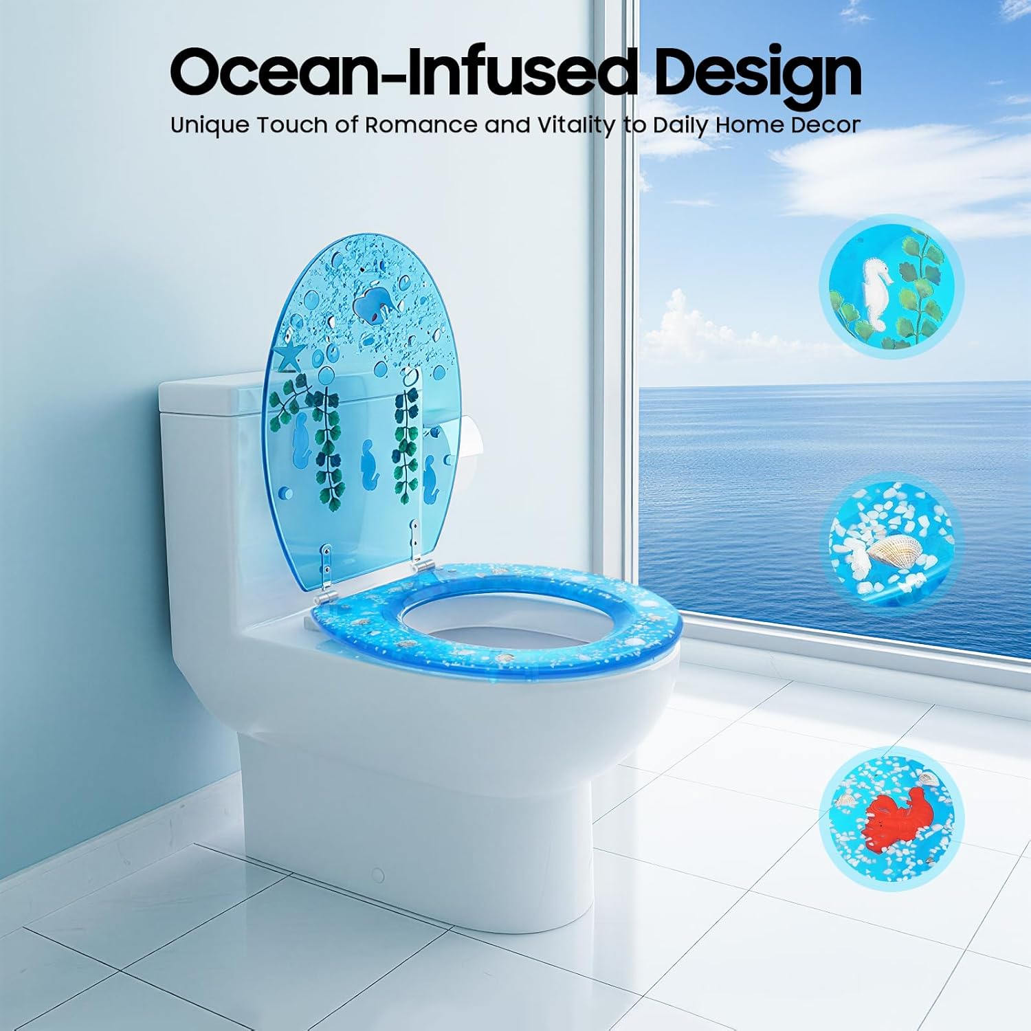 Resin Toilet Seat with Clear Seashells Cover, Slow Close Elongated Toilet Seat, Soft Close Heavy Duty Toilet Lid for Bathroom, Toddler Toilet Seat Attachment 17 Inch, Load Capacity 330lbs (Blue)