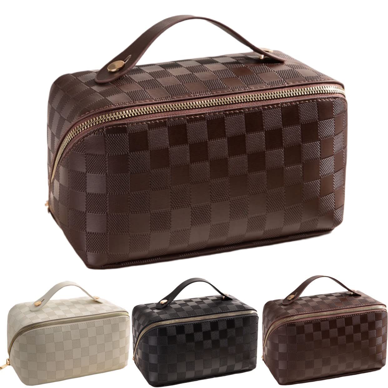 Checkered Makeup Bag Large Capacity Travel Cosmetic Bag with Compartments Waterproof Portable PU Leather Makeup Bag for Women and Girl Travel Brown Makeup Bag