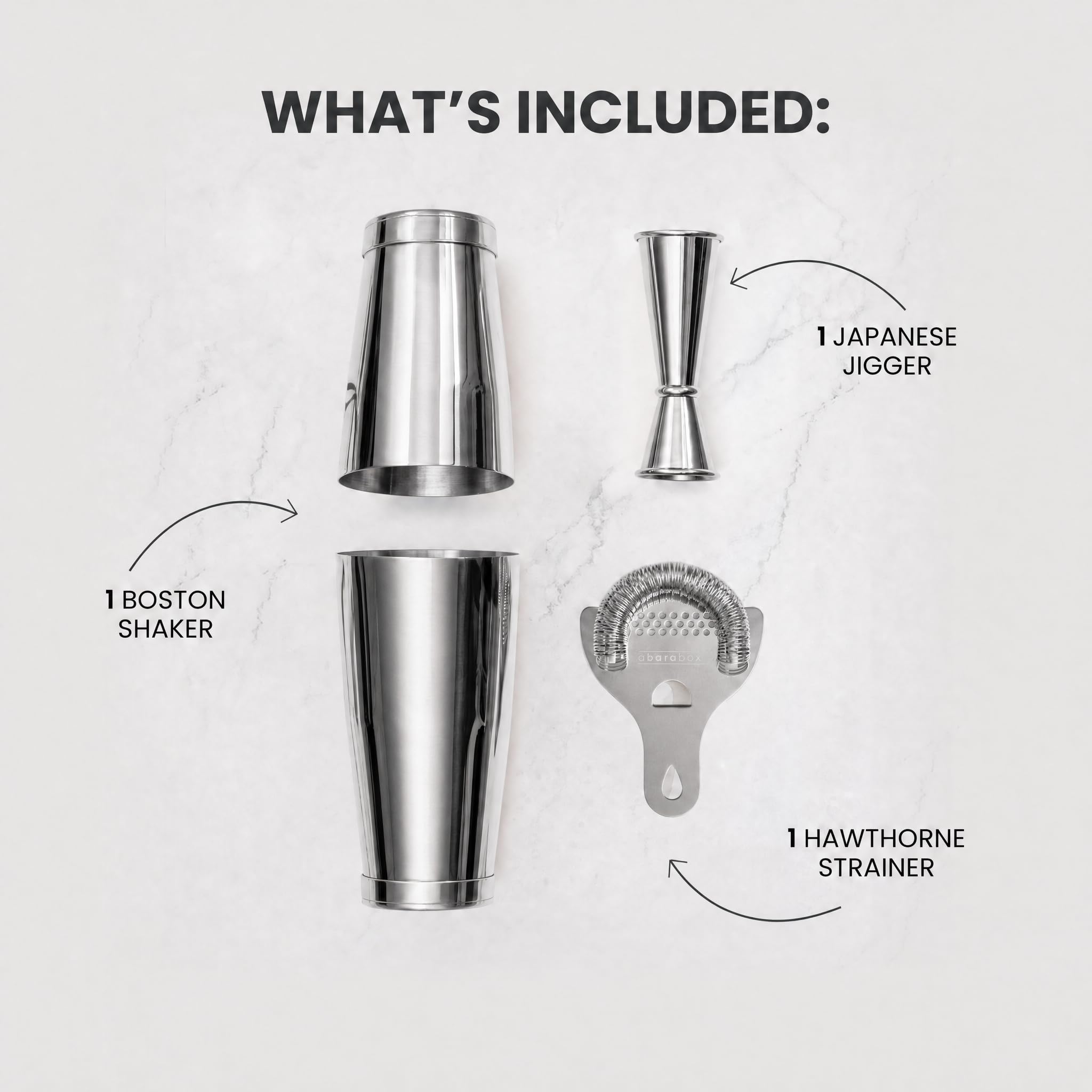 Boston Shaker Set: Professional two-piece Stainless Steel Cocktail Shaker set with Hawthorne Strainer and Japanese Jigger