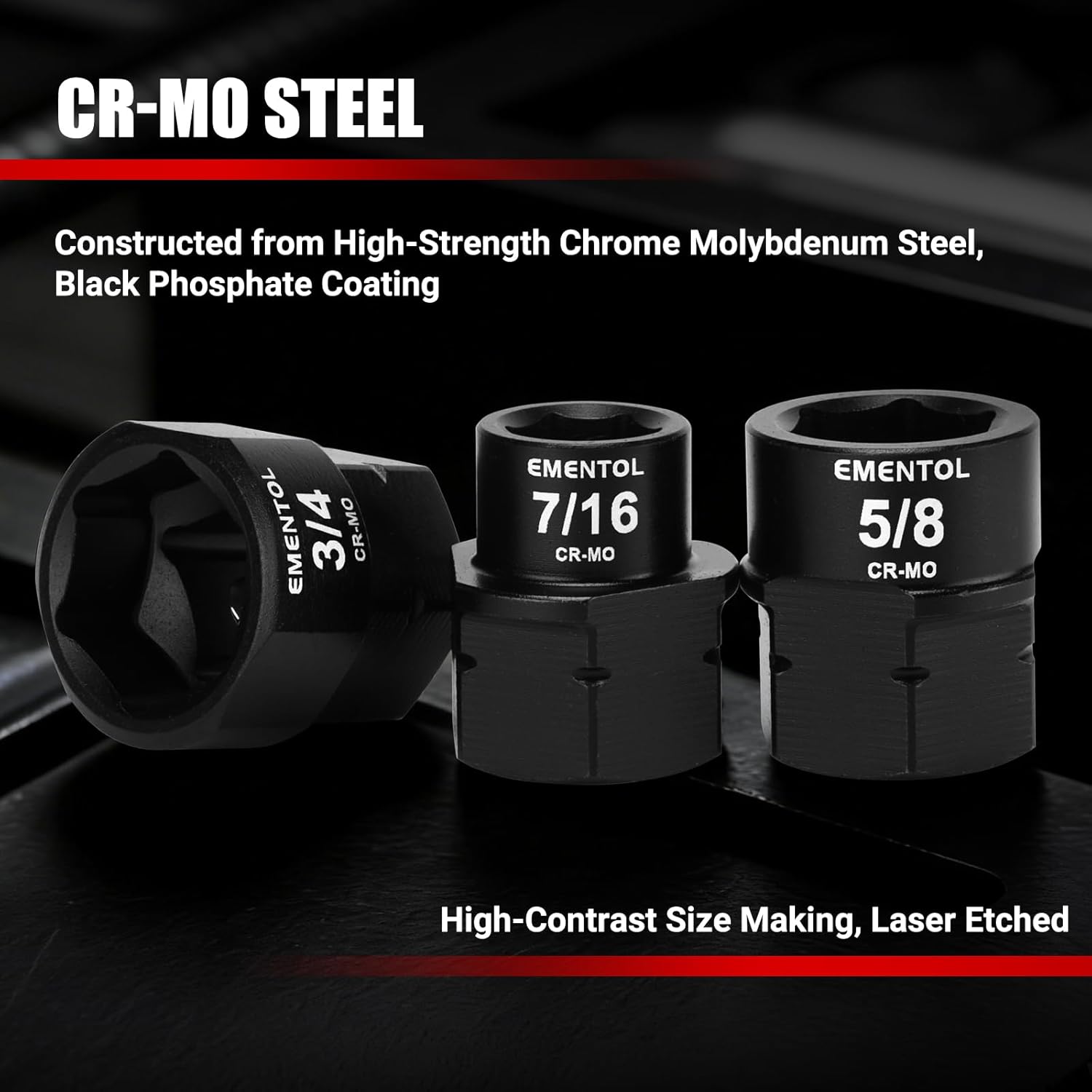 EMENTOL 1/2" Drive Low Profile Nano Impact Socket Set, SAE 3/8"-1", 11PCS Stubby Sockets, CR-MO Steel, No Skips Sizes, with Plastic Case