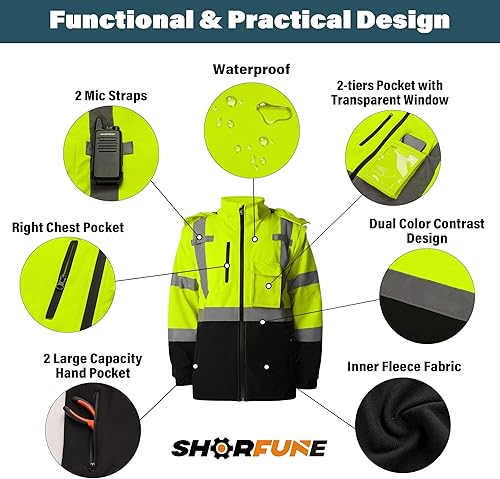 Miniatura 3 de SHORFUNE Chaqueta de seguridad de alta visibilidad, chaqueta bomber reflectante impermeable y resistente al viento, Amarillo oscuro