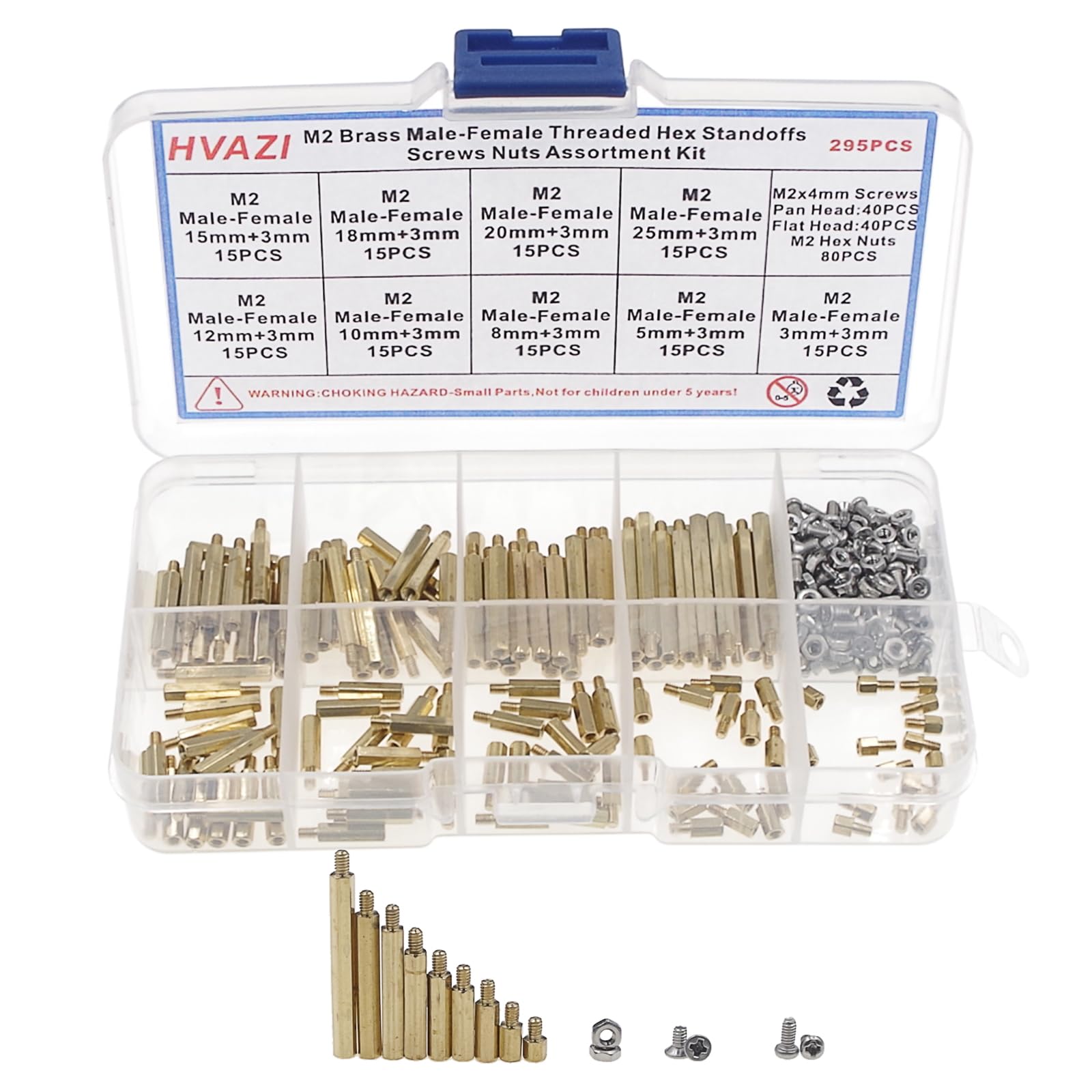 M2 Brass Male-Female Threaded Hex standoffs spacers/Stainless Steel Screws/Nuts Assortment kit;Female Length:3mm to 25mm