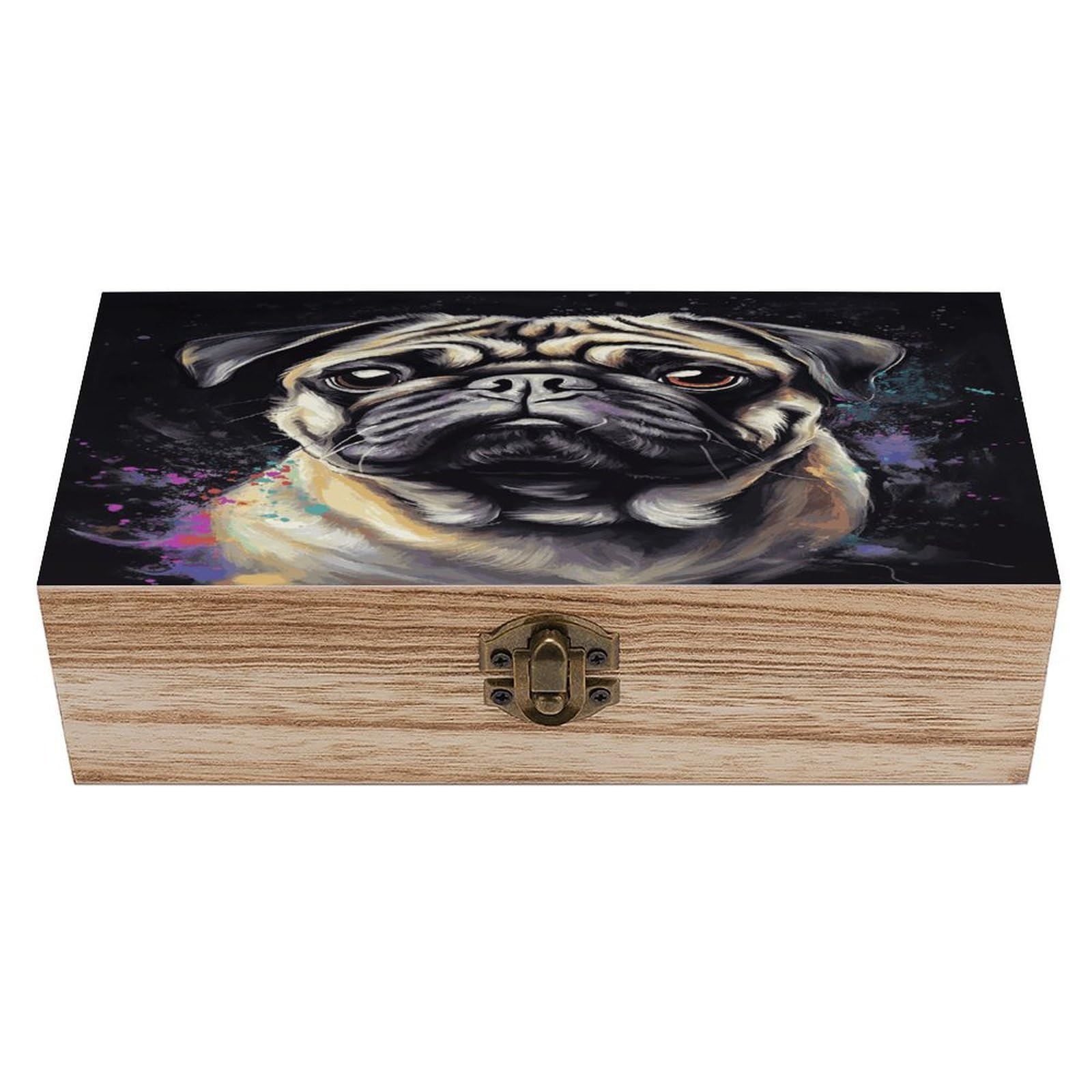 VstaDank Portrait Of Pug Wooden Keepsake Box with Hinged Lid Solid Wood Gift Boxes Beautifully Keepsake Box Jewellery Organiser Retro Memory Treasure Case with Lids Decorative Boxes