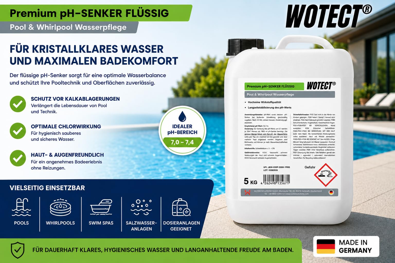 WOTECT® Premium pH-Senker Flüssig 20L – Professionelle Pool & Whirlpool Wasserpflege – pH-Minus Regulator für Schwimmbad & Dosieranlagen – Made in Germany