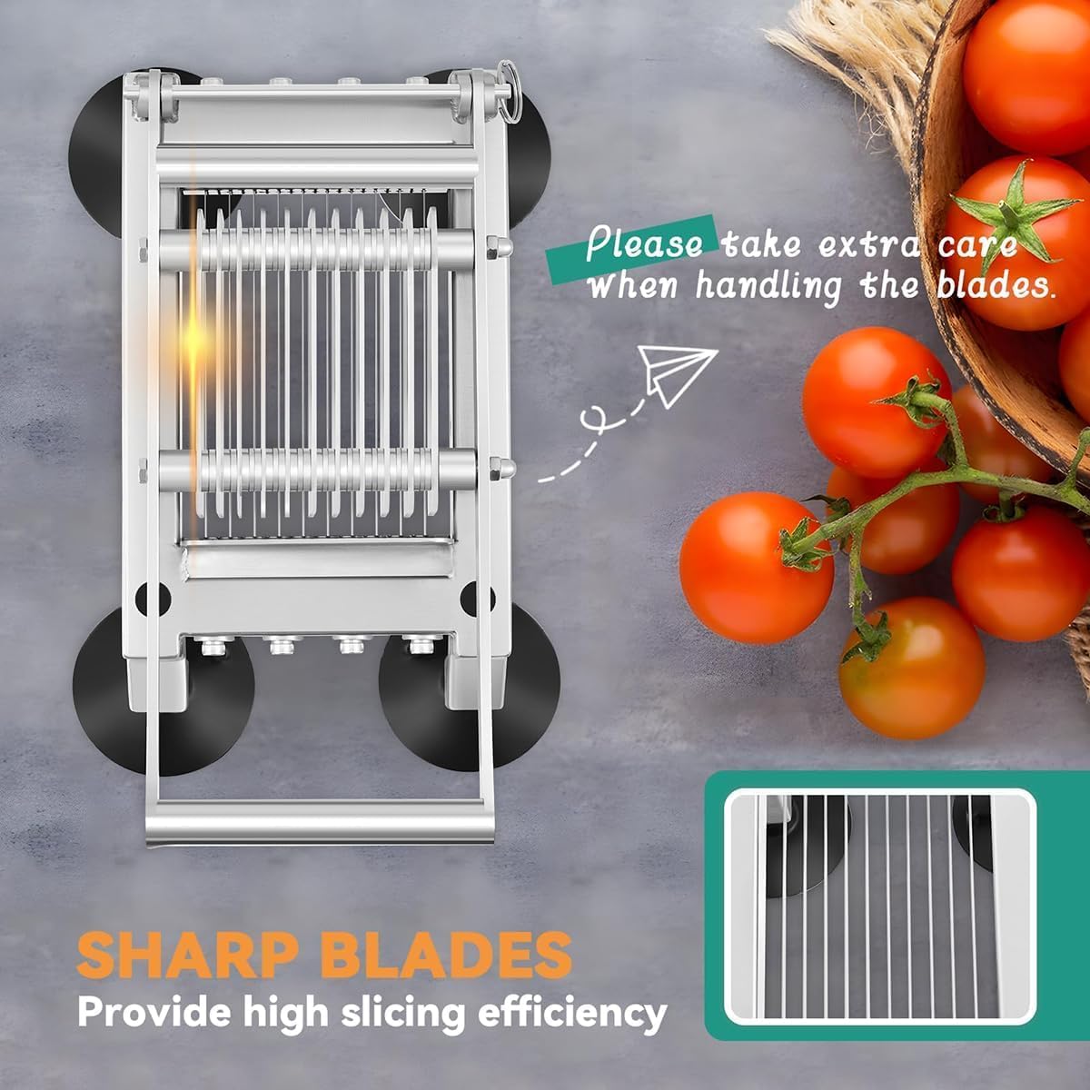 Cortador de tomate profesional: rebanadas uniformes de 10 mm, hoja de acero inoxidable y base de succión antideslizante. Ideal para uso en restaurantes y cocinas domésticas.