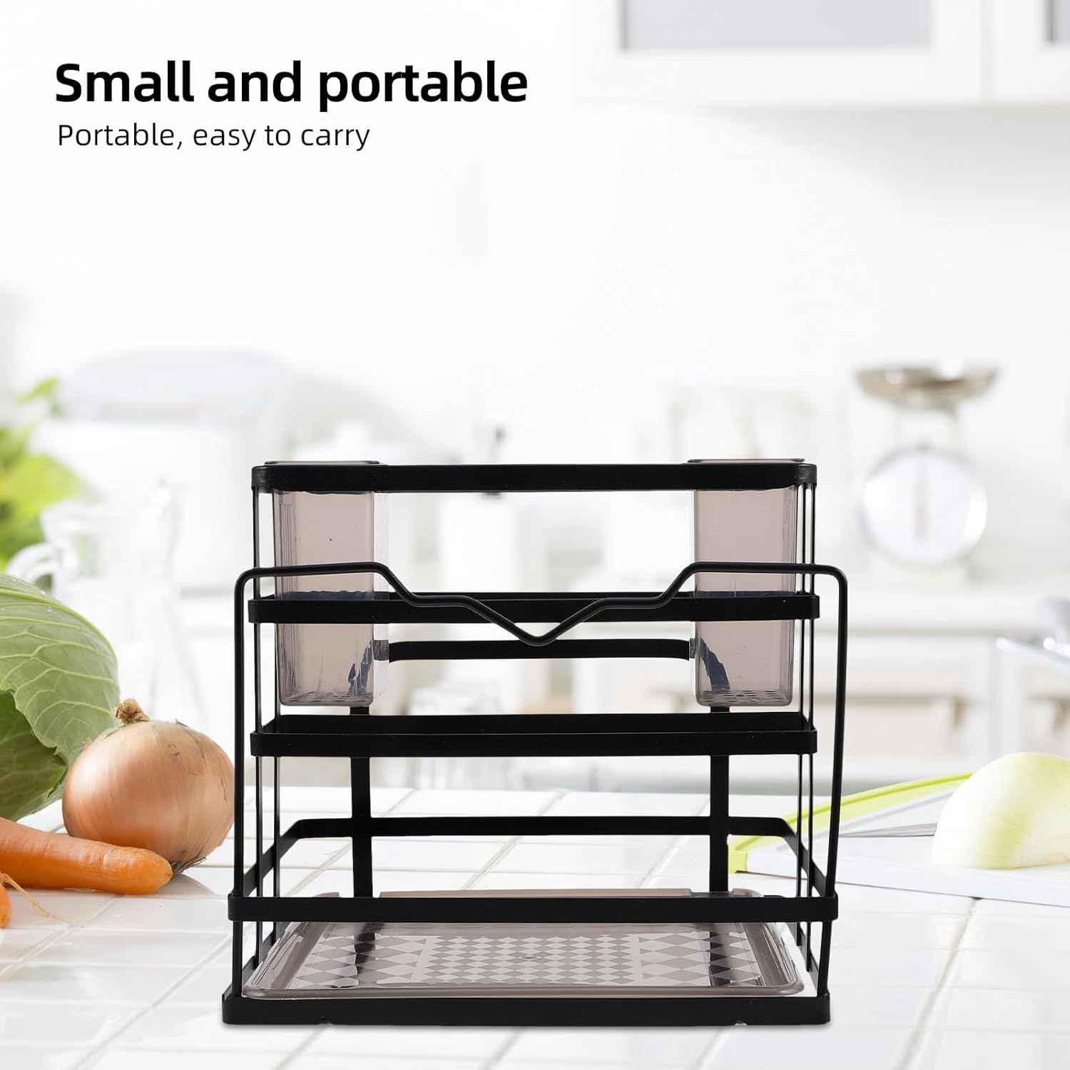 Ipetboom Multipurpose Carbon Steel Kitchen Utensil Holder with Knife and Cutting Board Rack, Black Countertop Sponge and Soap Tray Organizer for Home Kitchen Storage