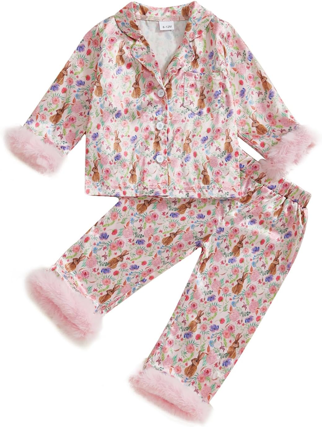Baby Girl Easter Day Silk Pajamas Set Bunny Carrot Button Down Feather Trim Sleeve Shirts Pants 2PCS Satin Pj Sets