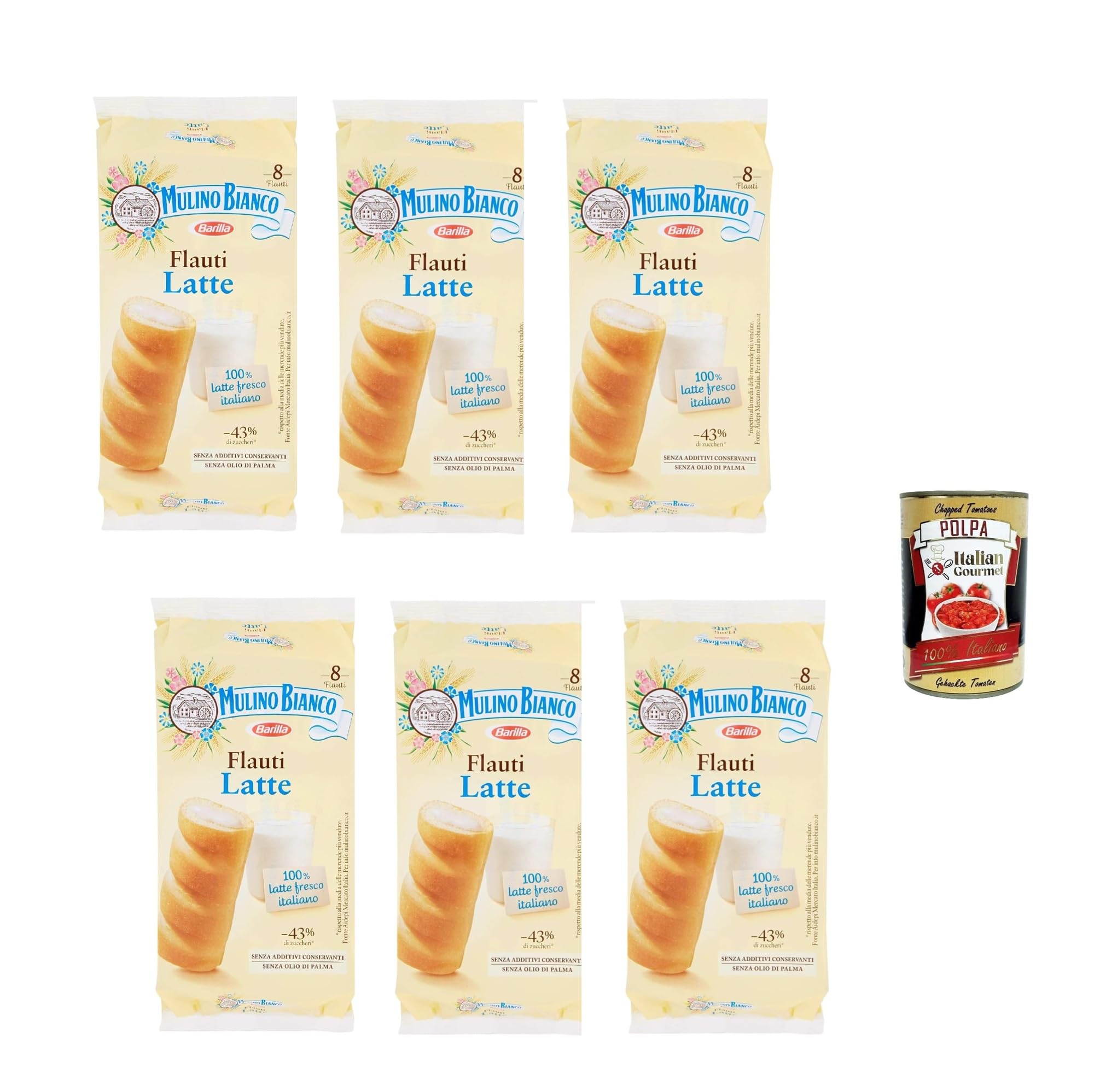 Italian Gourmet Mulino Bianco Flauti au Lait 6 x 280 g – Gâteaux Fourrés au Lait – Petit Déjeuner et Goûter+ Italian Gourmet Polpa de Tomates 400 g