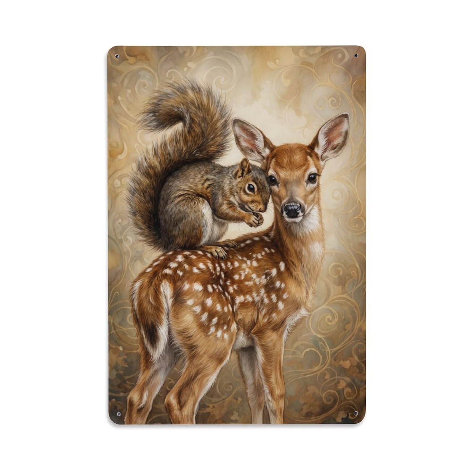 Vintage Animal Cute Squirrel & Fawn Animal Friendship Metal Tin Sign