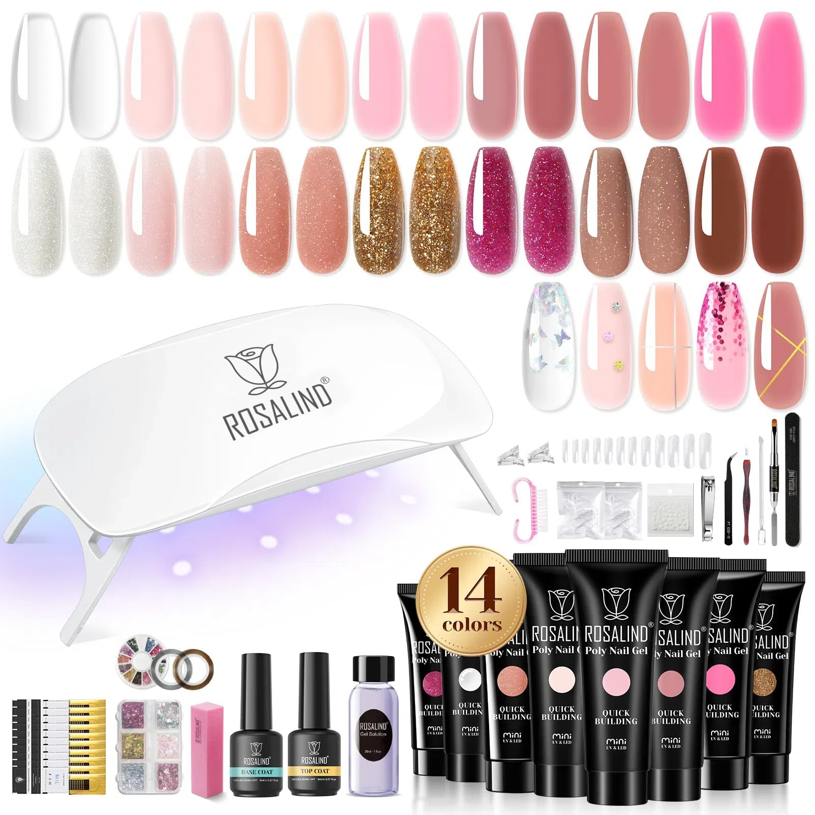 ROSALIND Kit Ricostruzione Unghie Gel Completo, Kit Unghie Gel Completo con Mini UV/LED Lampada, 14 Colori poligel per Unghie con Base y Top Coat per Principianti