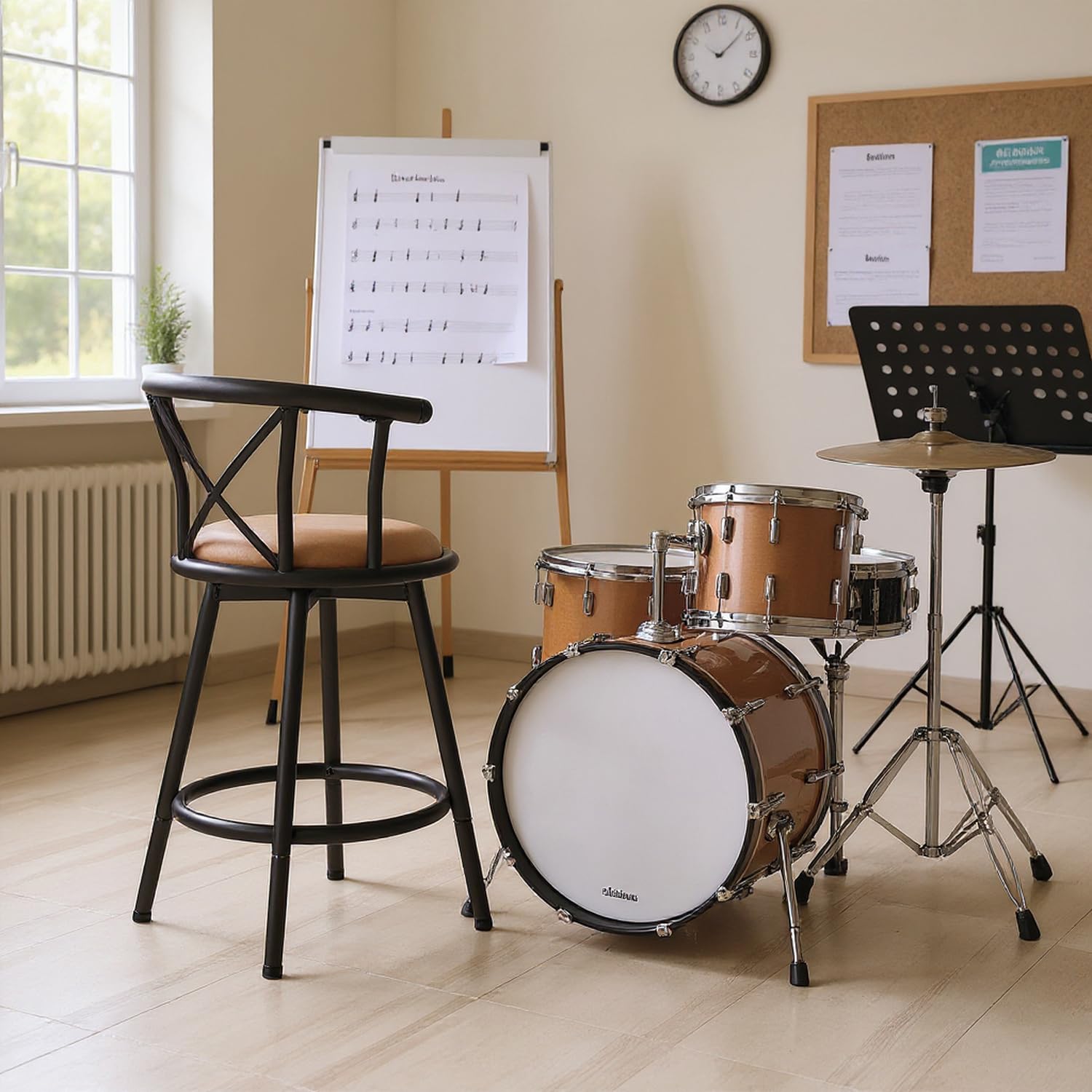 FURNISH - Lote de 2 taburetes giratorios industriales con respaldo giratorio de 360°, altura de asiento 63 Cm, taburetes altos vintage marrón con reposapiés para bateristas y estudios musicales