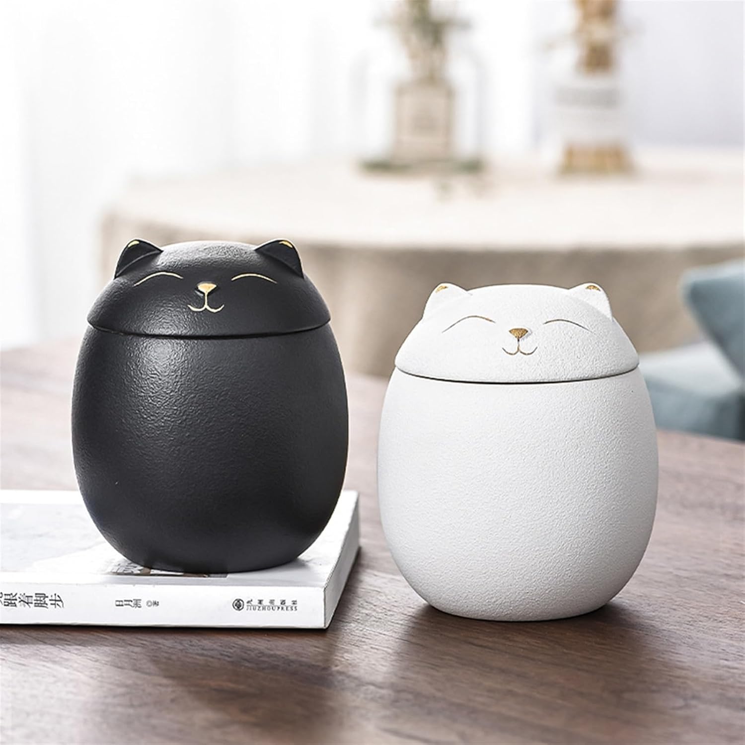 Cat Shape Pet Ceramic Canister Memorial Urn Seal Pot Keepsake Casket Porcelain Jar Ashes Storage Memento Burial Holder(White)