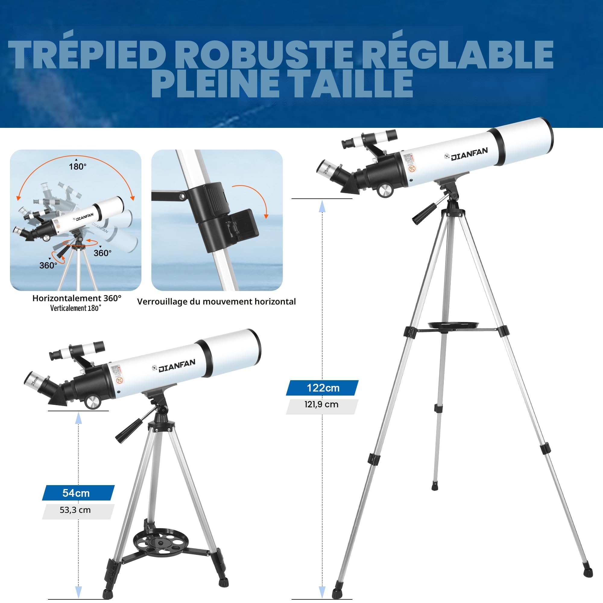 Dianfan Télescope Astronomique 80mm Ouverture 600 pour Adultes, Puissant 24X-180X Réfracteur pour Enfants et Débutants,Professionnels Portable Haute Transmission,avec Adaptateur Téléphone,Sacoche