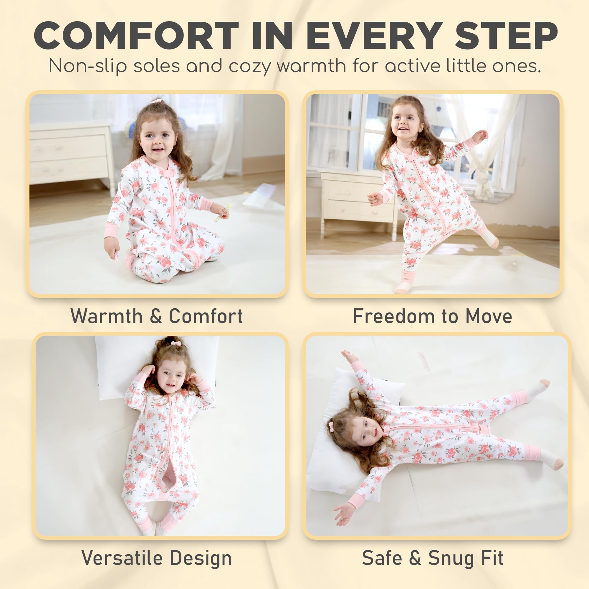 Mama Cheetah Sacco nanna per bambini con piedi, maniche lunghe, 1,0 Tog, 100% cotone biologico, sacco nanna con gambe, coperta indossabile per escursionisti, con cerniera a 2 vie, coperta per bambini