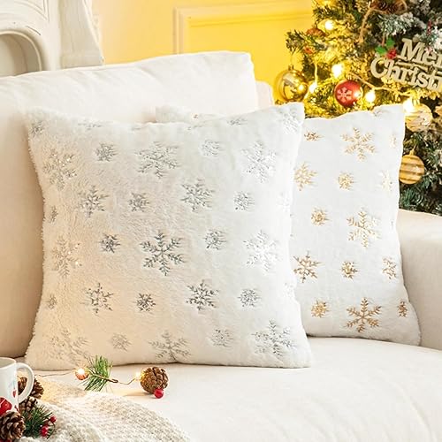 Miniatura 3 de AQOTHES Fundas de almohada decorativas peludas de piel sintética, felpa suave con lentejuelas de copo de nieve con purpurina, lindas almohadas para