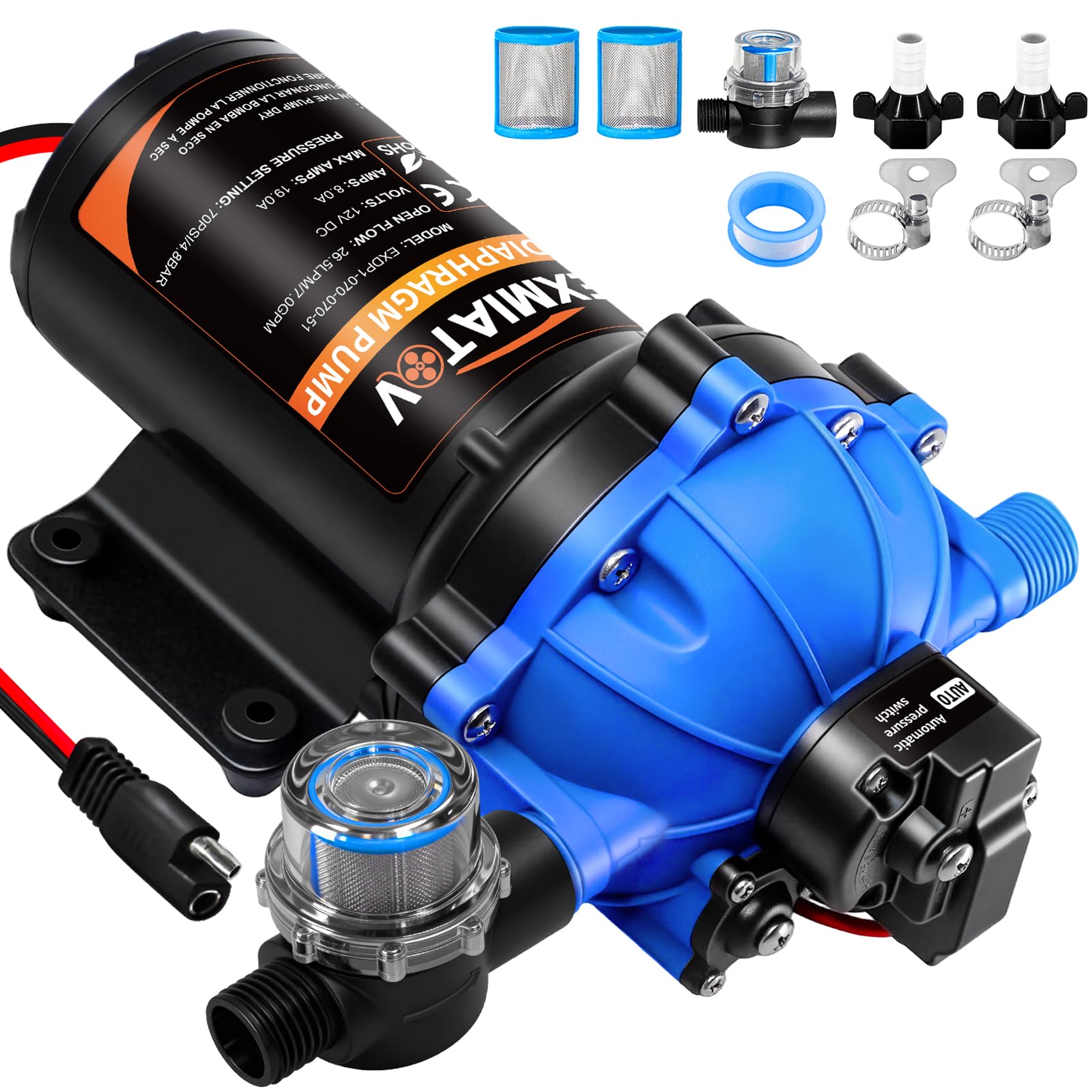 Photo 1 of [Upgraded Version]12V DC 7.0GPM 70PSI RV Fresh Water Pump,5 Chamber Self-Priming Diaphragm Water Pump with Pressure Switch and Strainer,Ideal for RV,Marine,Yacht Sprayer and Pressure Washing