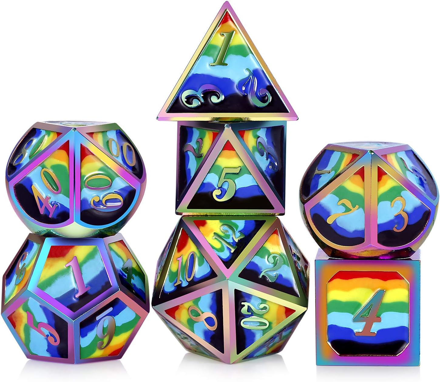 Rainbow Metal Dice Set,DNDND Solid 7 Die with Free Metal Tin for DND Dungeons and Dragons D&D Roleplaying Table Games (Rainbow Number with Rainbow Colors)