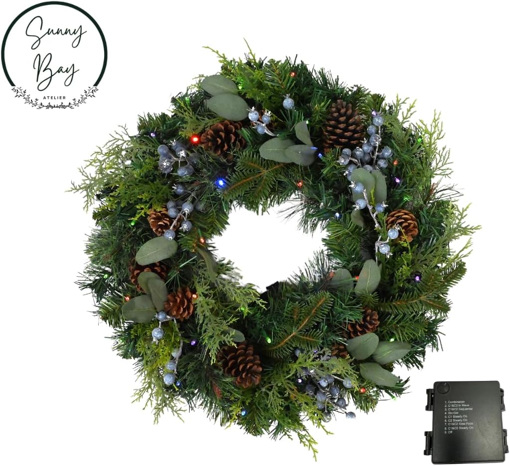 Prelit 24 Holiday Wreath – Lifelike Mixed Artificial Pine & Cedar with Blueberries and 50 Battery-Operated Color-Changing LED Lights, Steady, Twinkle Lights