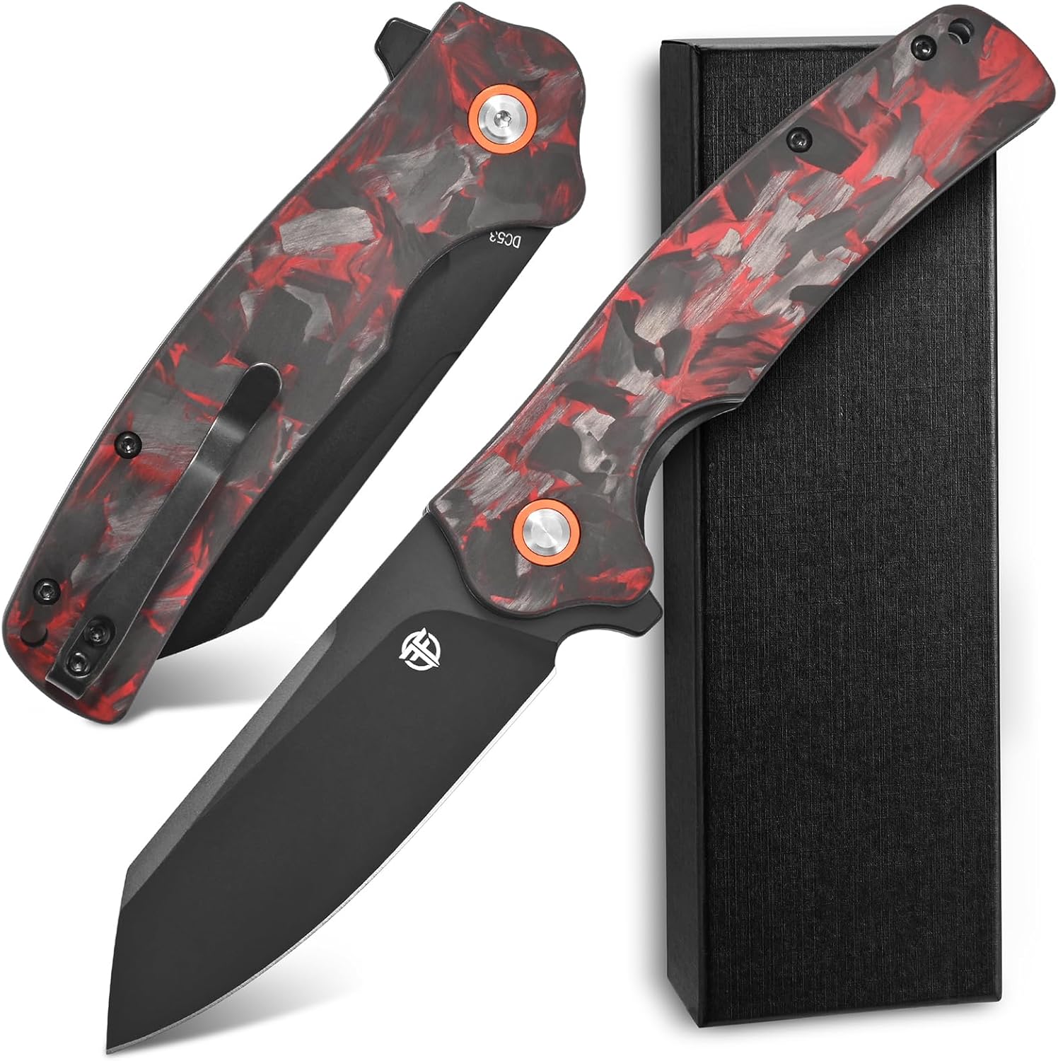 FF24 DC53 Steel Blade Folding Knife, Carbon Fiber Handle with Ball Bearing for Outdoor Camping Hiking Working Survival(Red)