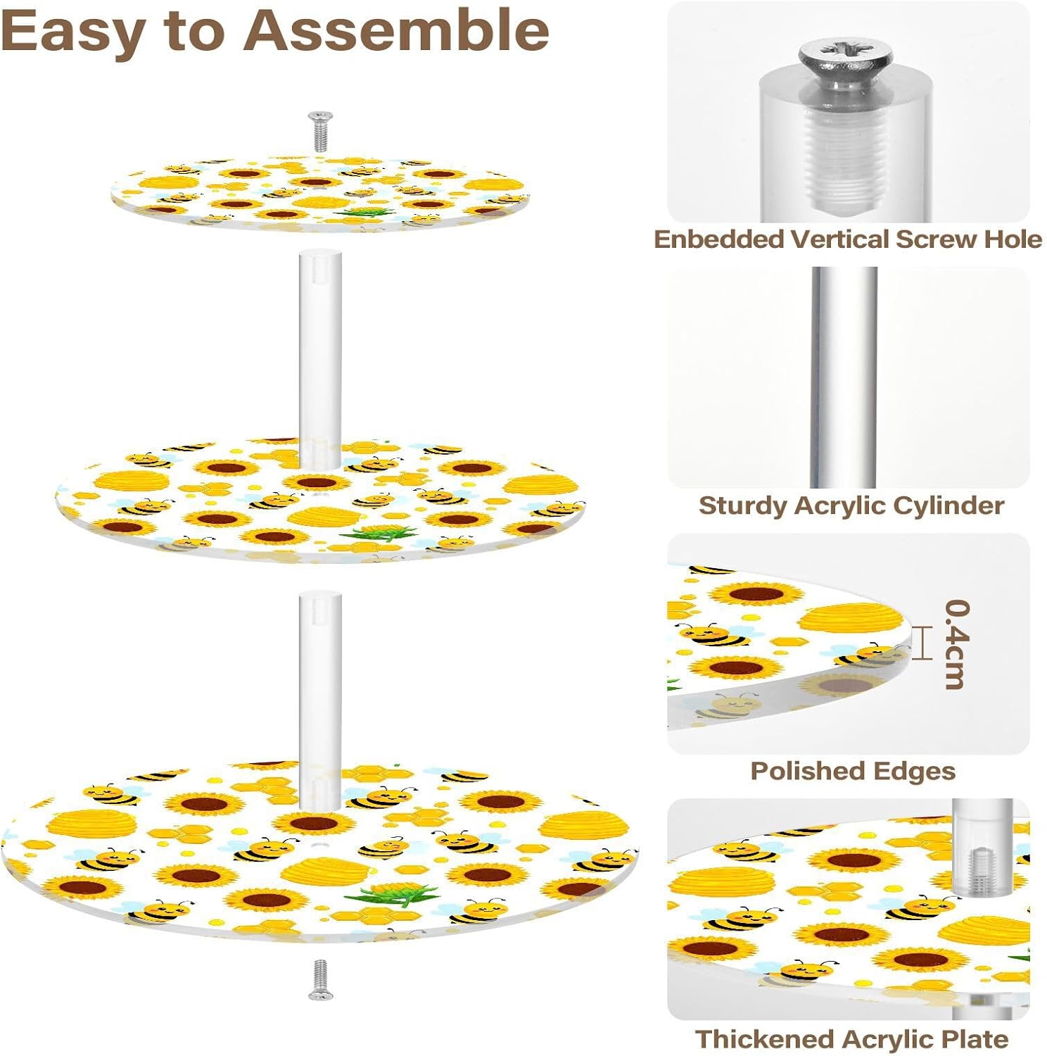 Sunflower Bee Honey 3 Tier Acrylic Cupcake Stand, Cupcake Stand for 34 Cupcakes for Weddings,Christmas,Holidays,Parties,Birthday,Printed Cupcake Tower 23300033