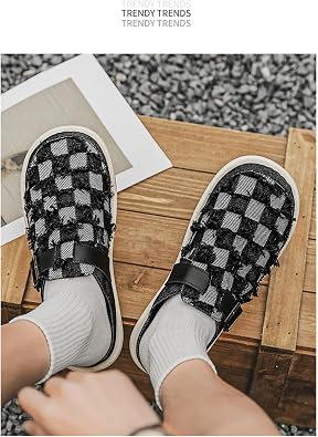 Canvas Denim Stylish Checkerboard Clogs + for House Garden Walking Travel Daily Wear + Adjustable Backstrap Ergonomic Footbed Non Slip Lightweight Mule Style