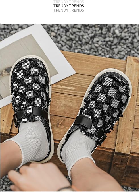 Canvas Denim Stylish Checkerboard Clogs + for House Garden Walking Travel Daily Wear + Adjustable Backstrap Ergonomic Footbed Non Slip Lightweight Mule Style